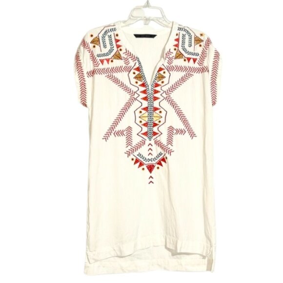 Zara Woman Ivory Linen Cap Sleeve Aztec Embroidered Sheer Mini Dress Size Small - Picture 1 of 9